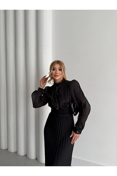 1Moda1Tarz Γυναικείο εισαγόμενο ασημί Yoryo σιφόν ύφασμα δαντέλα Λεπτομερές πλισέ με κορδέλα με επένδυση ειδικού σχεδίου