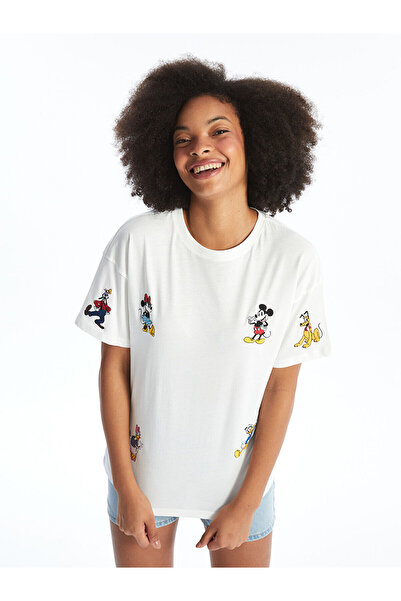LC Waikiki LCW Mickey and Friends bedrucktes Damen-T-Shirt mit Rundhalsausschnitt – kurze Ärmel