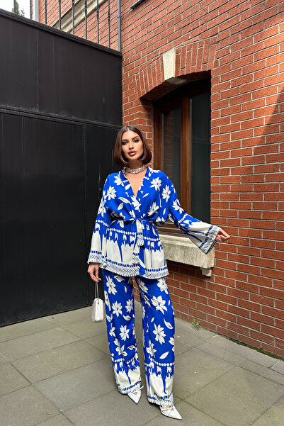 mezqa Γυναικείο Σετ Μπλε και Λευκό Κιμονό Μπουφάν και Παντελόνι Παλάτσο