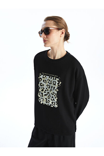 LC Waikiki LCWAIKIKI Basic Bisiklet Yaka Baskılı Oversize Kadın Tişört