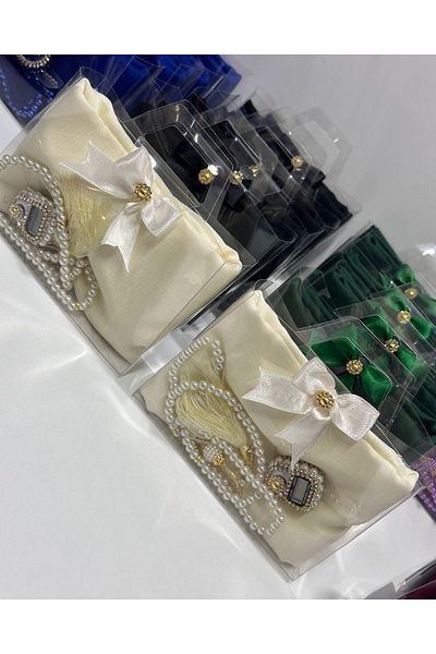 Azra Pack of 10 Women's Umrah, Hajj Gift Set, Cotton Cheesecloth, Glass Pearl Prayer Beads, Stone Zikrmatik