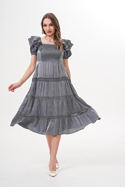 ZEYWEAR Satin Dress with Ruffled Shoulders