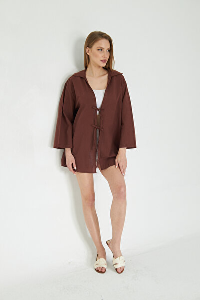 SevdeUgur Γυναικείο καφέ λινό κορδόνι κιμονό