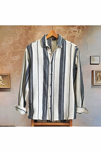 Hazhers Erkek Oversize Gömlek Yaka Keten Uzun Kollu Yazlık Gömlek
