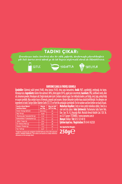 Rawsome 2 عبوة من الجرانولا الخالية من الغلوتين بالتفاح والبندق 2 × 250 جم