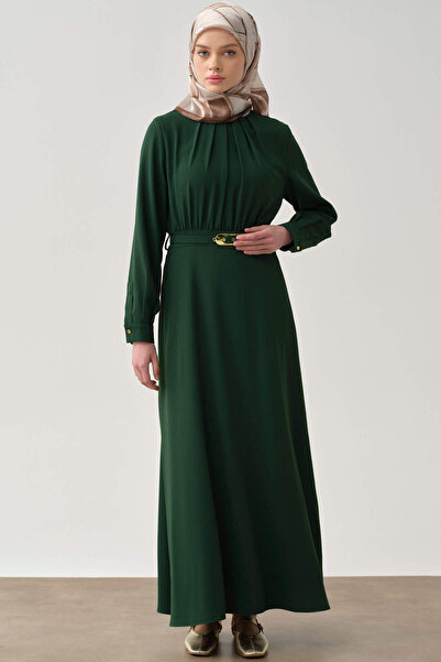 Tuğba Büzgü Detaylı Kemerli Elbise - Zümrüt