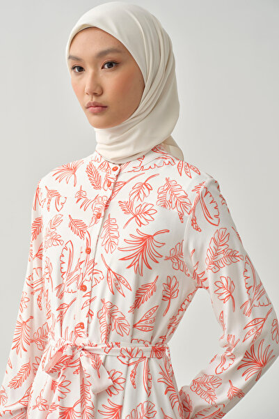 Tuğba Beli Kuşaklı Desenli Elbise - Turuncu