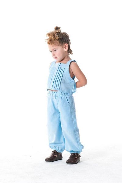 Next Baby Little Twins Cotton Blue Pleated Linen Short Sleeve Bottom Top Set