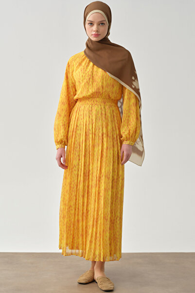 Tuğba Bel Lastikli Pliseli Elbise - Sarı