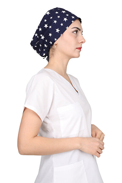GTB BUTİK Unisex Lacivert Yıldız Desenli Doktor Hemşire Aşçı Bonesi Cerrahi Bone