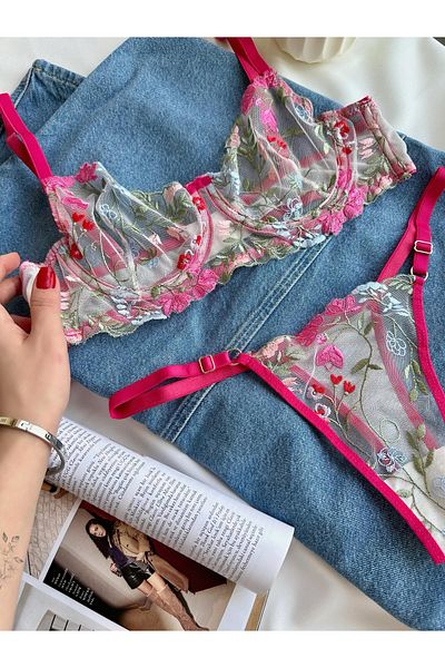 Nashera Pink Floral Embroidered Brode Underwire Bralette Bra Underwear Set