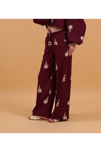 TOPSHOW Embroidery Detailed Wide Leg Linen Trousers