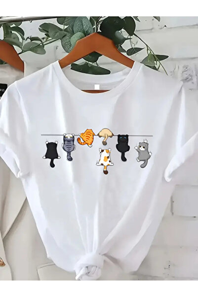 l'eivor Tricou alb din bumbac pentru femei cu imprimeu Climbing Cats