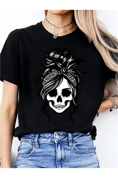 l'eivor Tricou din bumbac cu imprimeu cu craniu pentru femei