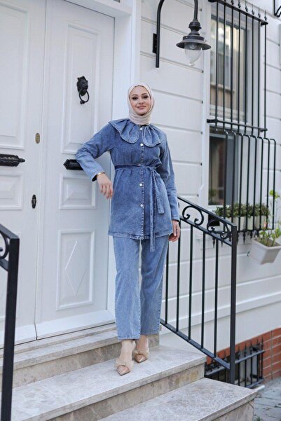 By Pommes Life طوق مقلوبة مفصلة زر حتى سترة مربوطة بنطلونات بدلة الدنيم الزرقاء