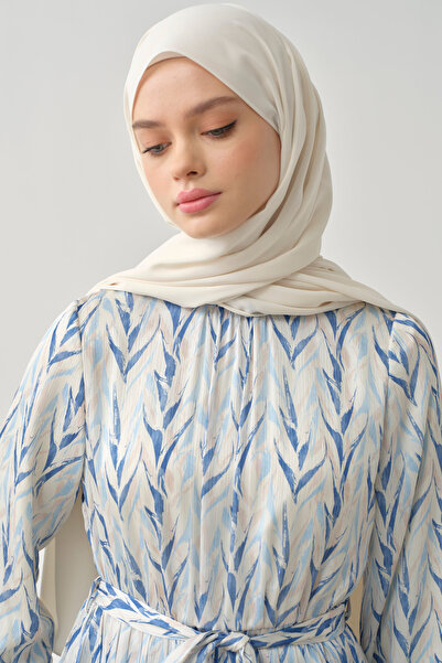 Tuğba Bel Lastikli Pliseli Desenli Elbise - Açık Mavi