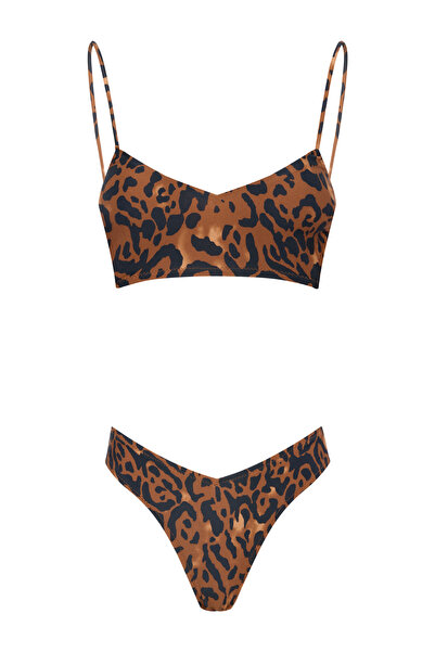 Beach&Beyond Kadın Kahve Leopar V yaka ayarlanabilir askılı bikini üstü