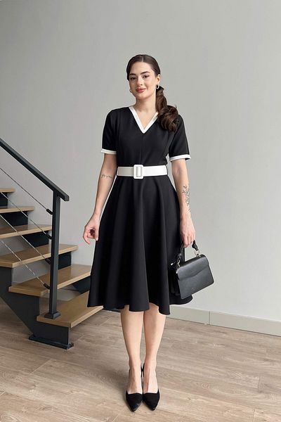 ALFUDO Moda Collection V Neck Double Color Midi Belt Dress