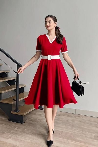 ALFUDO Moda Collection V Neck Double Color Midi Belt Dress