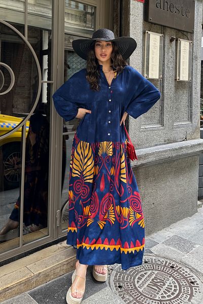 ASEDE 100% Viscose Bohemian Alaçatı Dress V-Neck Ethnic Patterned Viscose Dress Suitable for Hijab