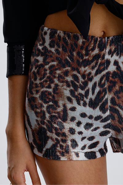 Sense Esnek Bel Astarlı pul Payet Abiye Şort | ŞRT36032 Kaplan