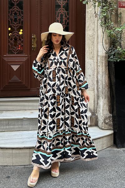ASEDE 100% Viscose Bohemian Alaçatı Dress V-Neck Ethnic Patterned Viscose Dress Suitable for Hijab
