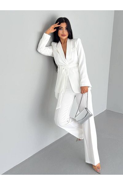 STMT BUTİK Belted Waist Blazer Jacket Pants Set - Stylish, Elegant and Versatile Women's Set for Any Occasion