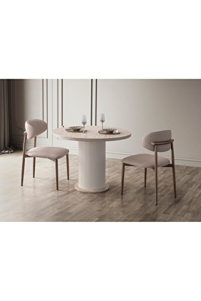 EDSY HOME Traverten 2 Sandalyeli Yuvarlak Masa Takımı ( Ayaklar Plastik )