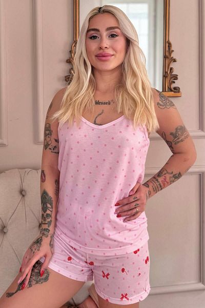 Pijamaevi Light Pink Cherry Patterned Rope Strap Shorts Women's Pajama Set