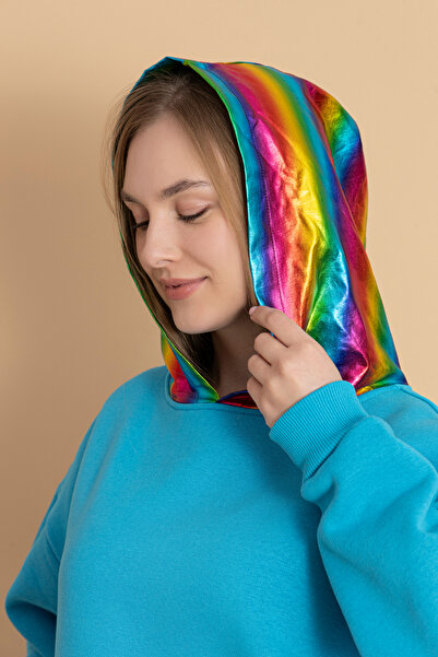 TEVOOY Hooded Rainbow Foil Patterned Owersize Sweatshirt with Foil Detail