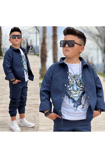 Kuzeyi Butik Boy's Holiday Gabardine Shirt, Gabardine Rubber Leg Trousers and Combed Cotton Including 3 Piece Set 132
