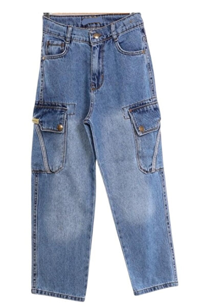 Genel Markalar Erkek Çocuk Bagi Model Çift Kargo Cepli Mavi Kot Pantolon