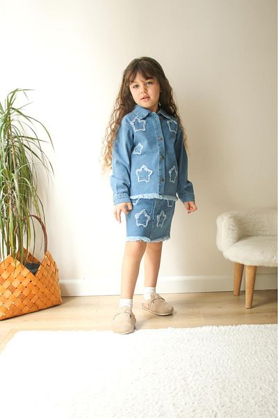 Elidabutik Costum cu fustă din denim cu piese stea