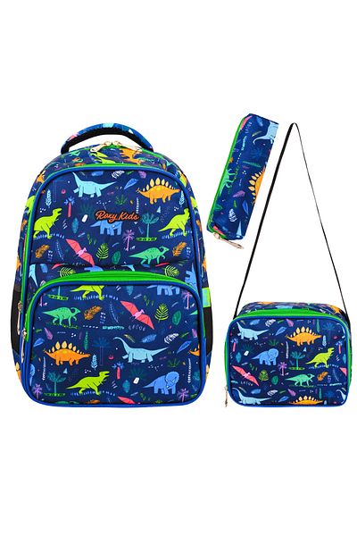 Roxy Dinosaur Patterned Set of 3 - Primary School Bag, Thermal Lunchbox and Pencil Case