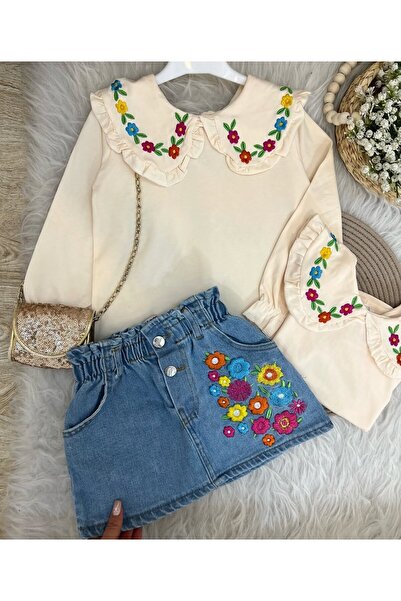 Elidabutik Set de top cu broderie florală cu fustă din denim