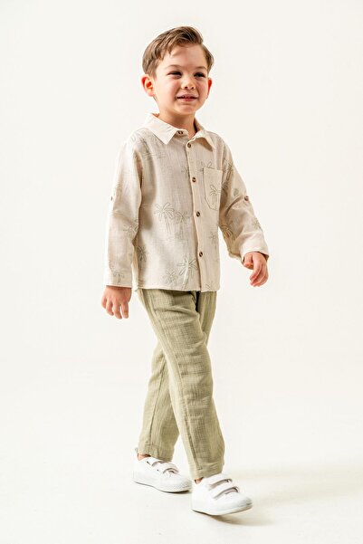 Magu Set cămașă cu model de palmier ecru și pantaloni din in kaki pentru băiat