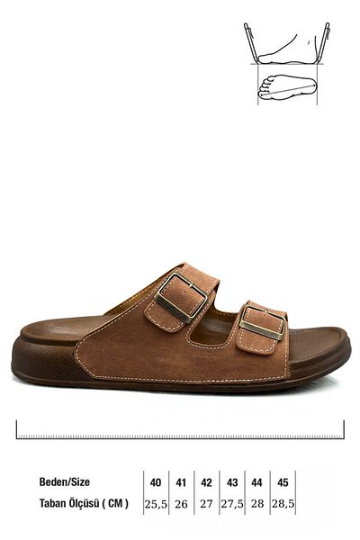 sermoda Double Buckle Adjustable Width Flexible Comfortable Leather Men's Slippers 25103 Tan