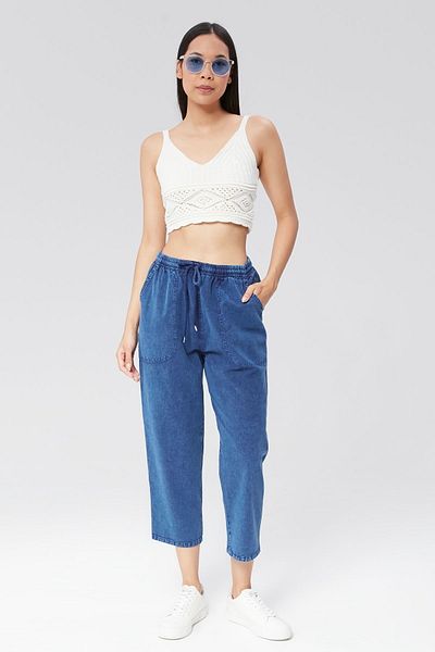 MONAHA Pantaloni de in până la gleznă cu aspect de denim albastru pentru femei - bumbac, spălat, Monaha de vară