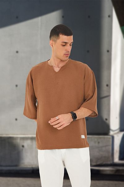 JR Boutique Ανδρικό μπλουζάκι με λαιμόκοψη V με χαμηλό μανίκι Oversize κοντομάνικο - Καφέ