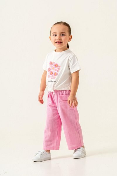 Magu Girl's White Floral Printed T-Shirt and Pink Linen Pants Set