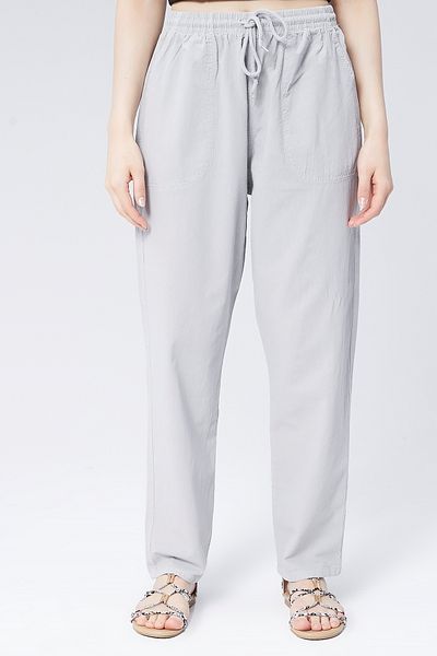 MONAHA Women's Gray Loose Cut Palazzo Linen Blended Trousers - Cotton, Pocket, Summer Monaha