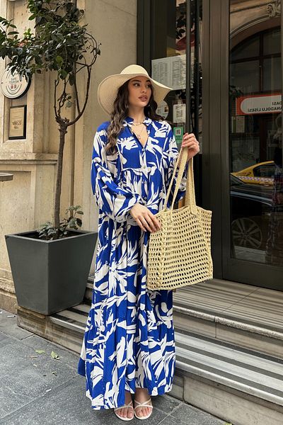 ASEDE 100% Viscose Bohemian Alaçatı Dress V-Neck Ethnic Patterned Viscose Dress Suitable for Hijab