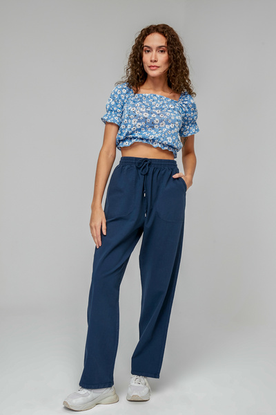 MONAHA بنطال نسائي من الكتان باللون الأزرق الداكن بقصة مريحة - قطن، خصر مطاطي...