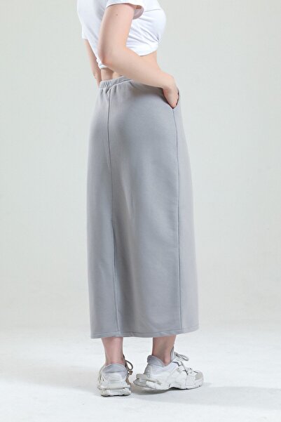 pulur.co Gray 100% Cotton Slit Midi Skirt