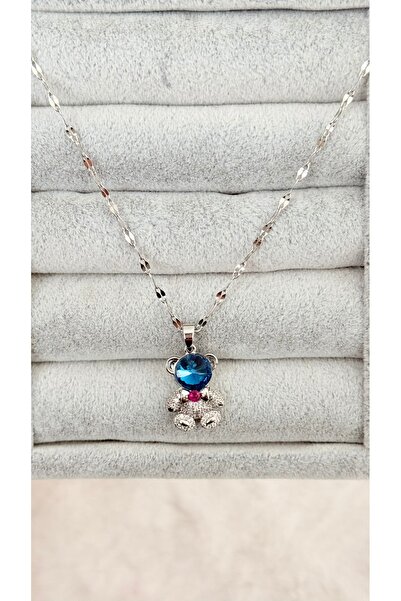 GM TAKI قلادة من الفولاذ المقاوم للصدأ مع دمية دب من الحجر الأزرق - لا تفقد ب...