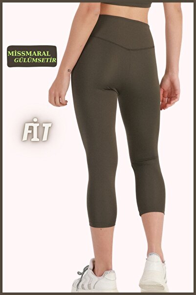 missmaral Women's Capri Tights Khaki Below the Knee High Waist Recovery Skinny Leg Cot Stitching Detailed Capri 1020