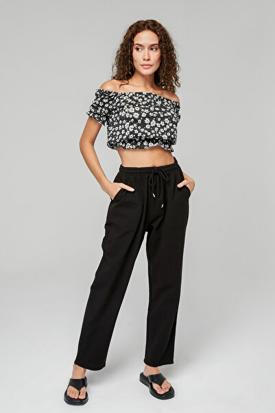 MONAHA بنطلون نسائي من الكتان بالازو بقصة مريحة باللون الأسود - قطن، خصر عالي...