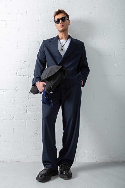 ablukaonline Erkek Kruvaze Düğmeli Oversize Takım Elbise Lacivert