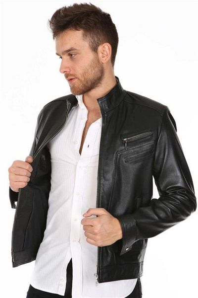 DeriWork Genuine Lambskin Zippered Plain Men's Leather Jacket Black