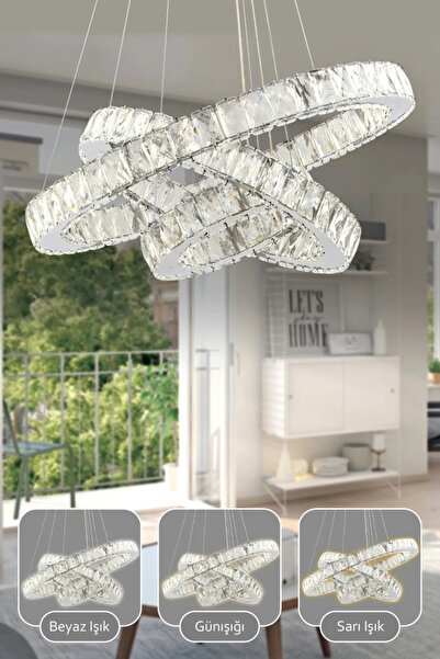 LUCKY LIGHT ALBERT KRİSTAL TAŞLI LEDLİ 3 HALKALI MODERN TASARIM SALON-OTURMA ODASI- SARKIT- AVİZE